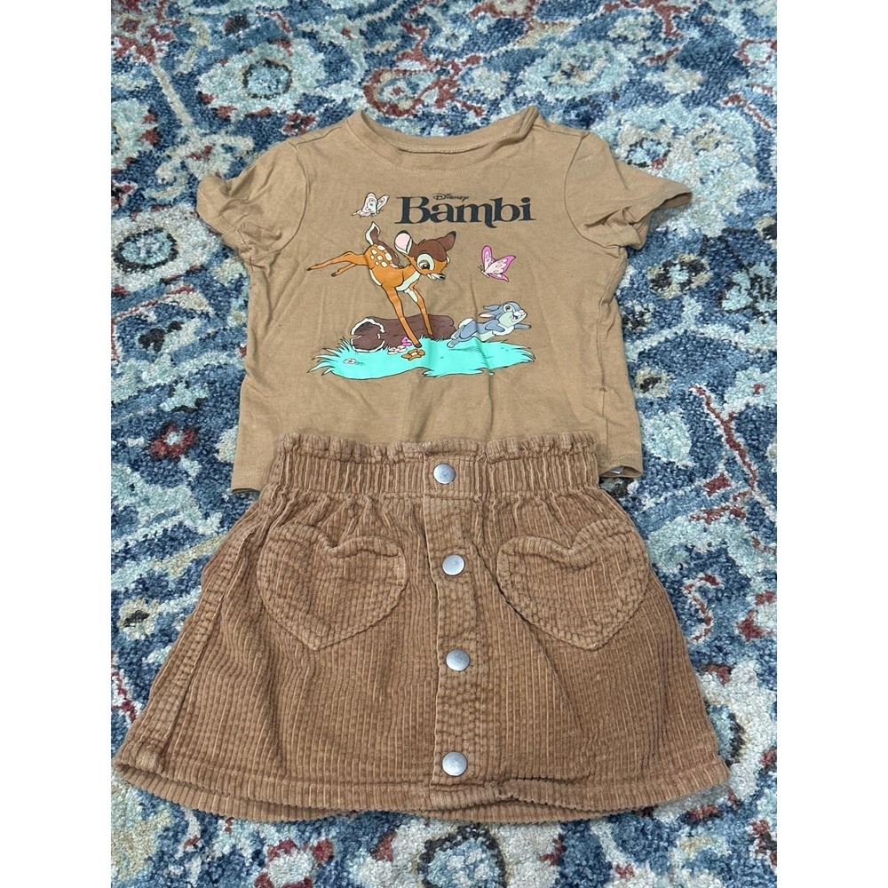 Disney Bambi Skirt Set Girls 3T Brown Corduroy Heart Pockets GUC